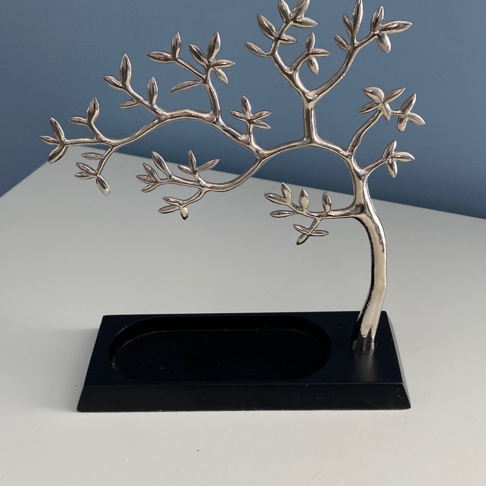 Silver Earring & Jewelry Tree Sculpture on Black Base